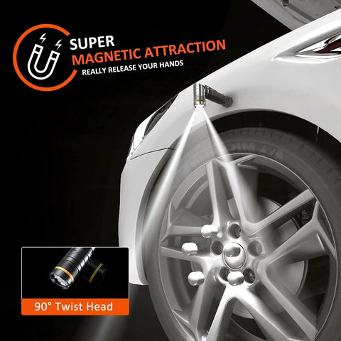 Rechargeable Magnetic LED Flashlight With 1200 Lumens, 90 Degree Twist Head, attached to car wheel, demonstrating magnetic base