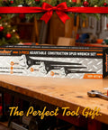 Heavy Duty Adjustable Spud Wrench Set 10 Inch, 12 Inch, 16 Inch box on workbench, Christmas decor overhead