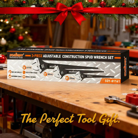 Heavy Duty Adjustable Spud Wrench Set 10 Inch, 12 Inch, 16 Inch box on workbench, Christmas decor overhead