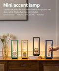 Decorative mini accent lamps on a wooden table with figurine spaces, featuring top-lit design for customizable display.