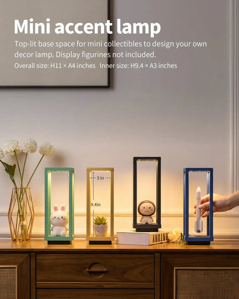 Decorative mini accent lamps on a wooden table with figurine spaces, featuring top-lit design for customizable display.