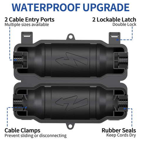 Front view of black Outdoor Extension Cord Safety Cover With Waterproof Seal IP54 Weatherproof Electrical Box with two latches.
