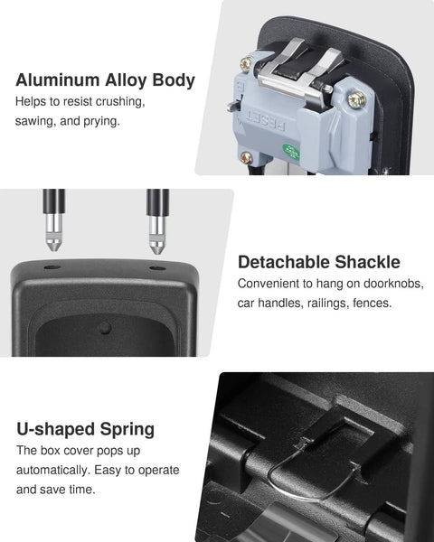 Close-up details of Large Key Lock Box with detachable shackle, aluminum alloy body, and U-shaped spring for secure storage.