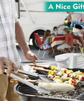 Man using Heavy Duty Stainless Steel Grilling Utensil Set 18 Inch With Carry Bag For Outdoor Cooking And Camping Spatula Tongs Meat Fork Basting Brush Cleaning Brush A Great Gift For Men Grill Master Approved at a barbecue with food on the grill. Inset of utensil set and carry bag.
