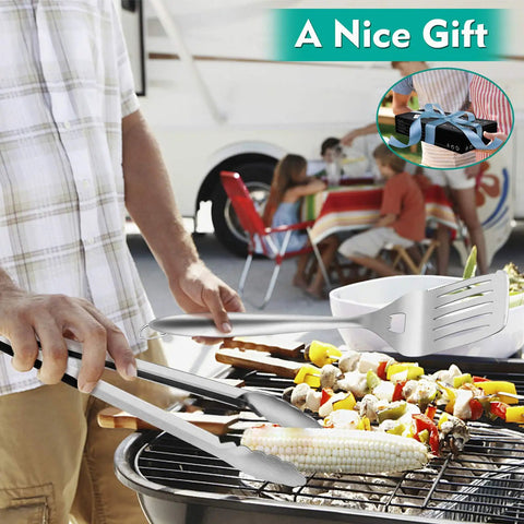 Man using Heavy Duty Stainless Steel Grilling Utensil Set 18 Inch With Carry Bag For Outdoor Cooking And Camping Spatula Tongs Meat Fork Basting Brush Cleaning Brush A Great Gift For Men Grill Master Approved at a barbecue with food on the grill. Inset of utensil set and carry bag.