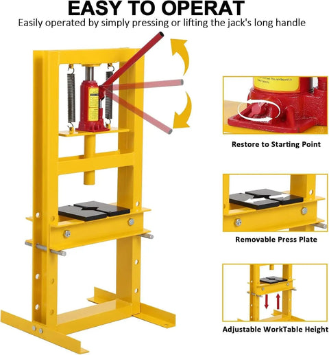 Heavy Duty 6 Ton Hydraulic H Frame Shop Press Delivers Sick Cranking Power And Slick Adjustable Setup For Quick Bearing Swaps Making Every Garage Project A Cinch Classic Yellow Build, featuring operational details.