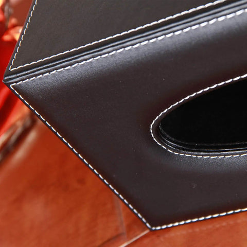 Close-up corner of Premium PU Leather Tissue Box Holder With Lid Black Dope Napkin Dispenser for home office and car