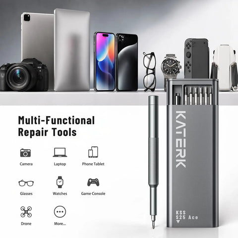 25 In 1 Precision Mini Screwdriver Set With Magnetic Tips For Glasses Laptop iPhone MacBook Computer Watch Xbox Switch And Electronics Ideal Fathers Day Gift For Men, shown with various electronic devices.
