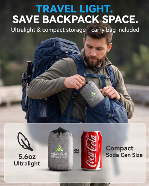 Man packing Ultralight Inflatable Travel Neck Pillow With Removable Cover into backpack, shown compact beside soda can, grey color.