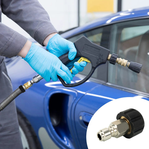 Side view of LIULO TOOL pressure washer spray gun with quick-connect adapter; black body, yellow trigger, brass connector, blue car in background