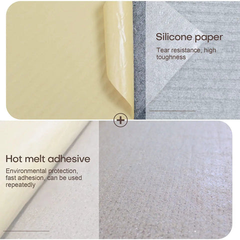 Close-up of silicone paper and hot melt adhesive on Peel And Stick Carpet Tiles 12 By 12 Self Adhesive Floor Mats Black Anti Slip Multi Purpose DIY