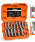 Heavy Duty 16 Piece 3/8 Inch Drive Deep Socket Extractor Set That Makes Stripped Bolts And Frozen Nuts A Walk In The Park Metric Sae Sizes With Hex Adapter Pro Gear in orange case with labeled sockets.