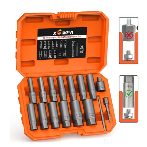 Heavy Duty 16 Piece 3/8 Inch Drive Deep Socket Extractor Set That Makes Stripped Bolts And Frozen Nuts A Walk In The Park Metric Sae Sizes With Hex Adapter Pro Gear in orange case with labeled sockets.