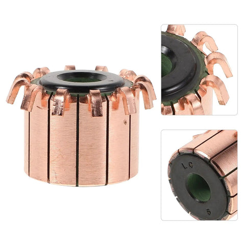 Beefed-Up Metal Replacement Motor Commutator For Electric DC Motors, High Efficiency, Boosts Vehicle Power And Performance, Perfect For Auto Repair, Car Supplies, Industrial Production And Manufacturing Jobs. Copper DC motor commutator with black core and segmented contacts