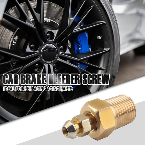 Close-up of Knockout Copper Brake Bleeder Screw Kit with 1/4-28 threads and 1/8 NPT bases on car brake disc.