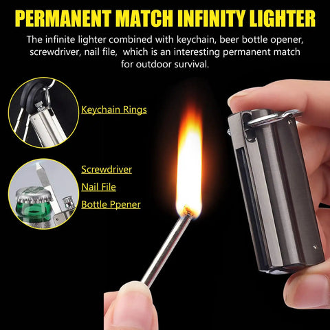 Person holding Forever Flint Fire Starter Infinity Lighter Keychain with Bottle Opener and Multitool for Men, flame visible
