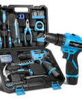 12V Cordless Drill Kit With LED Light, 146 Piece Do It All Home Tool Set including drill, hammer, pliers, and bits in a case