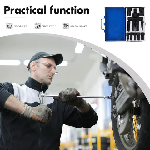 Heavy Duty Motorcycle Wheel Bearing Puller Kit Featuring 2 Jaw Mechanical Extractor Bearing Separator Tool Good For Bike Repair And Garage Fixes Built Like A Beast To Handle Stubborn Wheels Without Breaking A Sweat Or Spending More Than Necessary. steel extractor in blue case removing wheel bearing on motorcycle