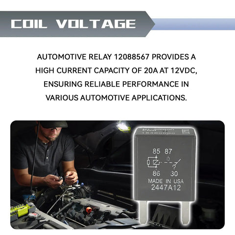 Two Pack 12V DC Automotive Relay 30A 4 Pin Fuse Box Relay 12088567 8567 shown with diagram and mechanic at work
