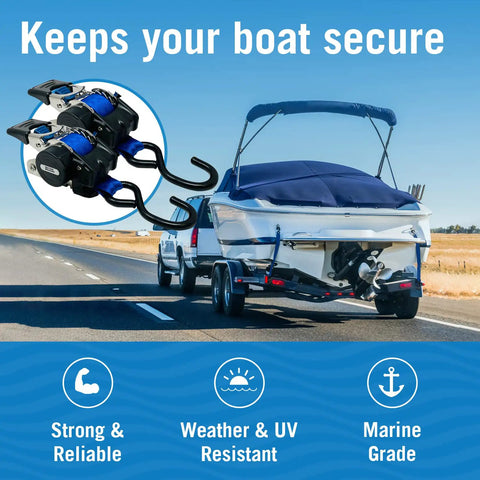 Heavy Duty Stainless Steel Retractable Ratchet Straps Set 1 Inch By 72 Inch securing a boat on a trailer