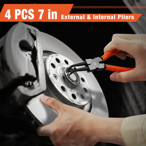 Heavy Duty Snap Ring Pliers Set Four Piece Kit for C Clip Rings in use on automotive brake disc with straight jaws