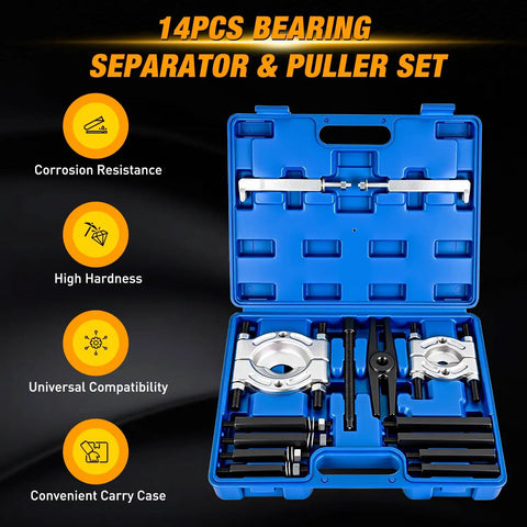 Heavy Duty 14 Piece Bearing Puller Kit 5 Ton Bearing Separator Tool For Auto Repair Includes storage case and tools.