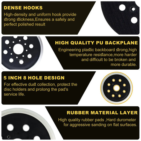 5 Inch 8 Hole Hook And Loop Replacement Sander Pad with dense hooks, PU backplane, and rubber layer for ROS20VS ROS20VSC ROS20VSK ROS20 ROS10