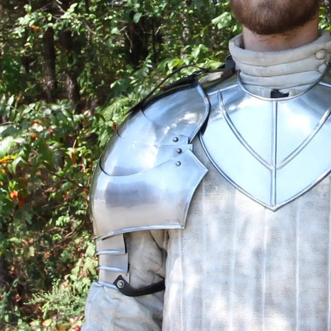Close-up of Medieval 18 Gauge Steel Avenger Pauldrons Set with Genuine Leather Straps, battle ready for armor geeks and cosplay