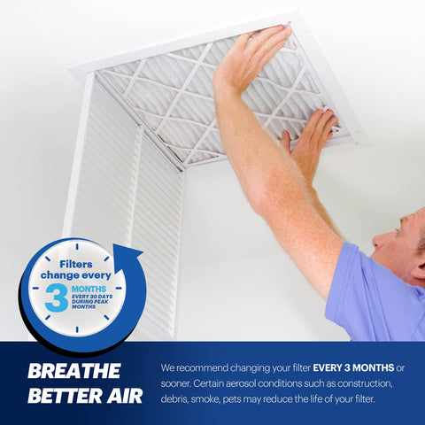 Person replacing 20x25x1 Air Filter MERV 13 Six Pack Made In USA Electrostatic Pleated HVAC Filter For Allergies Pollen Mold Bacteria Smoke and Allergens MPR 1900 FPR 10 in ceiling vent