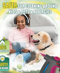 Heavy Duty Handheld Steam Cleaner With Lockable Steam Button beside girl and dog for safe home cleaning