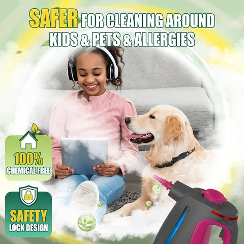 Heavy Duty Handheld Steam Cleaner With Lockable Steam Button beside girl and dog for safe home cleaning