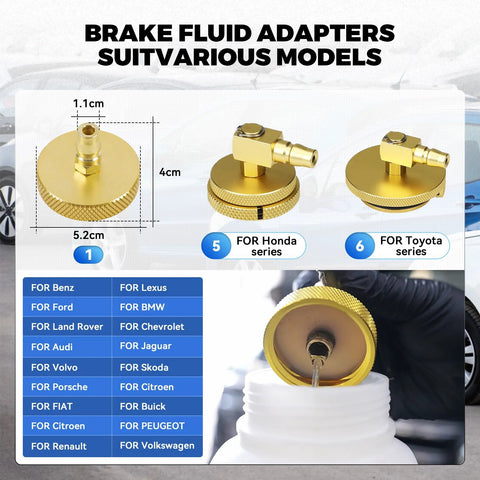 Brass brake fluid bleeder adapter, close-up view; 1L waste oil bottle visible.
