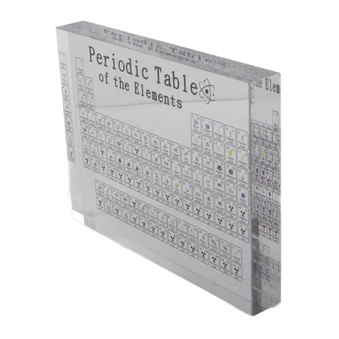 Clear Acrylic Periodic Table With 103 Real Elements Inside Real Chemistry Elements Display For Classroom Teaching Awesome Lightweight Portable Science Tool For Students Home School Use And DIY Experiments, angled view