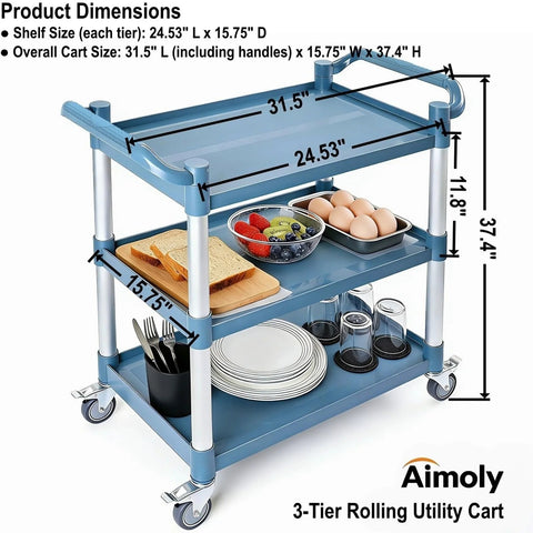 Three Tier Rolling Utility Cart On Wheels With 510 Lbs Capacity And Four Lockable Swivel Casters, loaded with plates and bowls