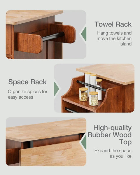 Close-up of towel rack, spice rack, and rubber wood top on Drop Leaf Kitchen Island On Wheels With Two Drawers And Double Door Cabinets.