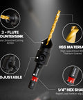 Front view of EZARC 12-piece countersink drill bit set with magnetic extension and 1/4 in hex shank