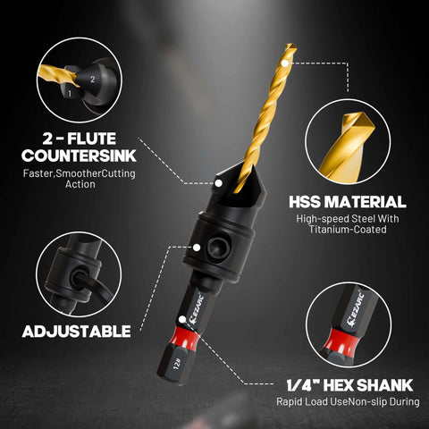 Front view of EZARC 12-piece countersink drill bit set with magnetic extension and 1/4 in hex shank