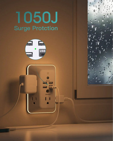 9 In 1 USB Wall Outlet With Night Light 5 Wide Space Outlets And 4 USB Ports Including USB C Space Saving Plug Extender