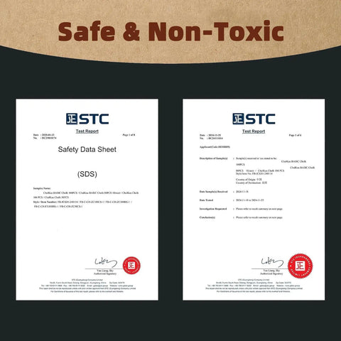 Safety data sheet and test report for Colorful Dustless Chalk Set 100 Pieces In 10 Rich Colors Non Toxic For Classrooms Teachers And Students