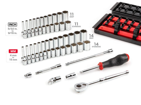 57 piece Your Go-To 1/4 Inch Drive 12 Point Socket And Ratchet Set With Rails And Trays displayed on white background