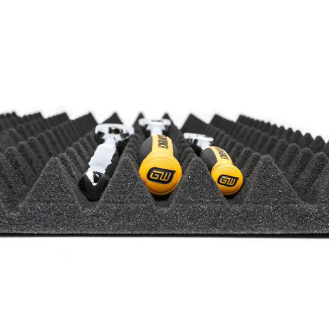 Trap Mat Universal Tool Drawer Liners Four Piece Low Profile Mats That Fit Two Inch And Up Segmented Sixteen By Twenty Two Inch Solvent Resistant Foam with tools in grooves
