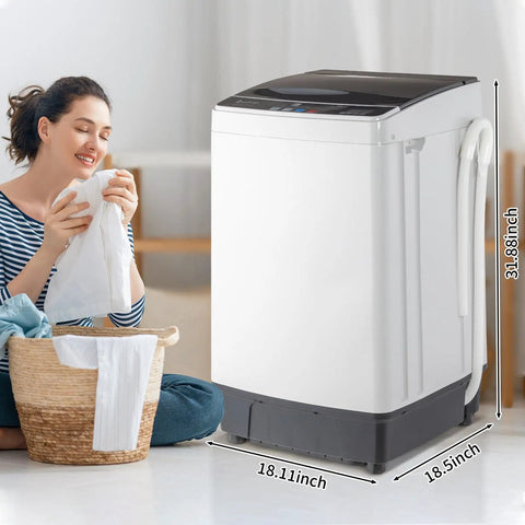 Slick 17.6 Lbs Compact Portable Washer With Clear Led Screen And Ten Program Settings For Swift Laundry Loads In Tight Dorms Or Apartments With Heavy Duty Drain Pump And Smooth Stainless Drum next to a woman preparing clothes.