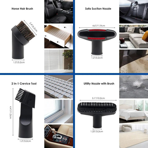 Horse hair brush, sofa suction nozzle, crevice tool, utility nozzle from 11 Pc Universal Vacuum Attachments Kit For Wet Dry Vac Accessories