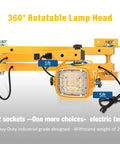 Workhorse 50W Led Loading Dock Light With 40 Inch Folding Double Arm showcasing 360° rotatable lamp head and dual sockets.