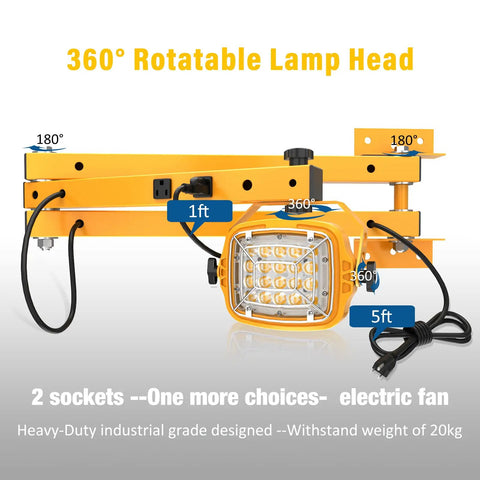 Workhorse 50W Led Loading Dock Light With 40 Inch Folding Double Arm showcasing 360° rotatable lamp head and dual sockets.