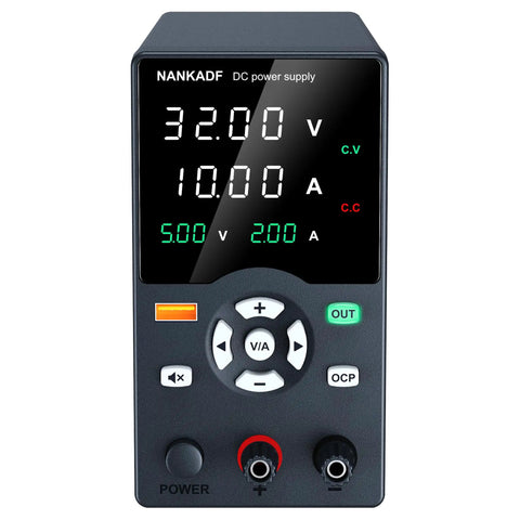 Variable 30V 10A Bench Power Supply With USB Fast Charging Port And Output Current Display showing 32V and 10A.