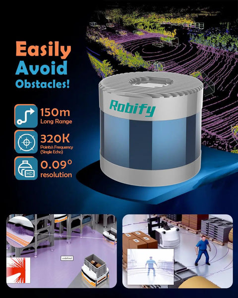 3D LiDAR Sensor for AGV and AMR navigation, shown in a warehouse setting with obstacle avoidance features highlighted.