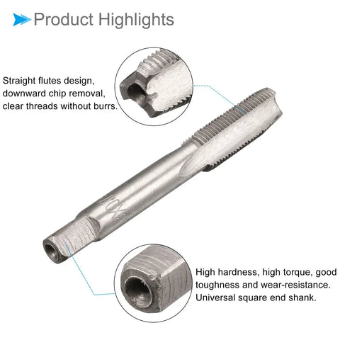 Straight Up Heavy Duty M8 X 0.75 Metric Hand Threading Taps Smooth Operator Steel Cutters showing straight flutes for chip removal.