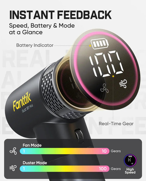 Gust B11 Mix 110000RPM Electric Air Duster And Portable Fan 2 In 1 showing digital display and speed settings