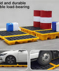 Heavy Duty Spill Containment Pallet For 1 To 4 Drums, Built Tough For Garage And Warehouse Storage Platform, visible with drums